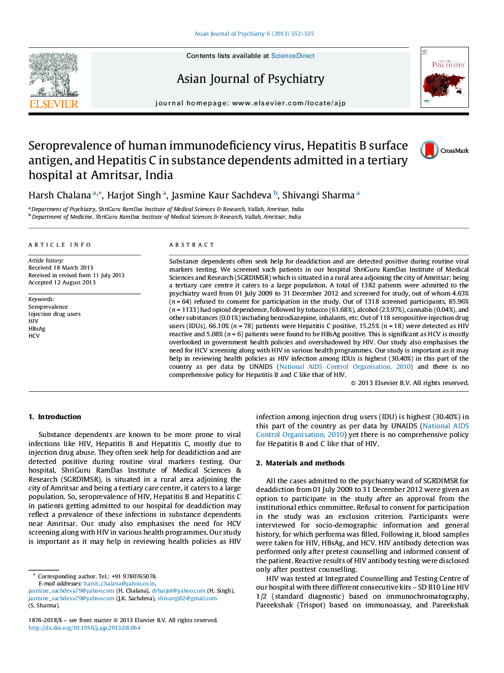 Seroprevalence of human immunodeficiency virus, Hepatitis B surface antigen, and Hepatitis C in substance dependents admitted in a tertiary hospital at Amritsar, India
