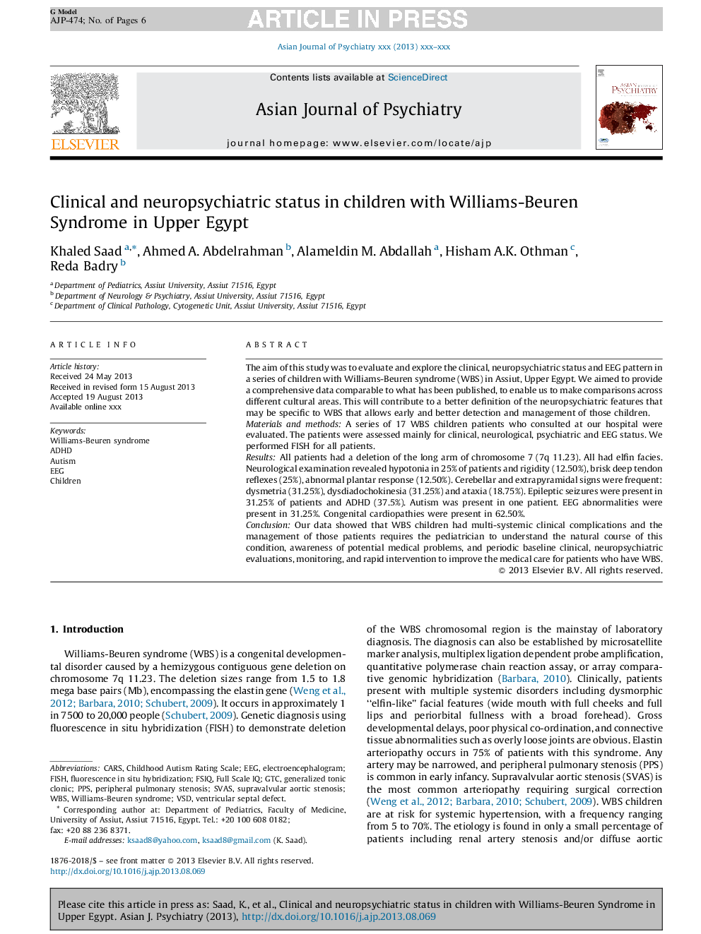 Clinical and neuropsychiatric status in children with Williams-Beuren Syndrome in Upper Egypt