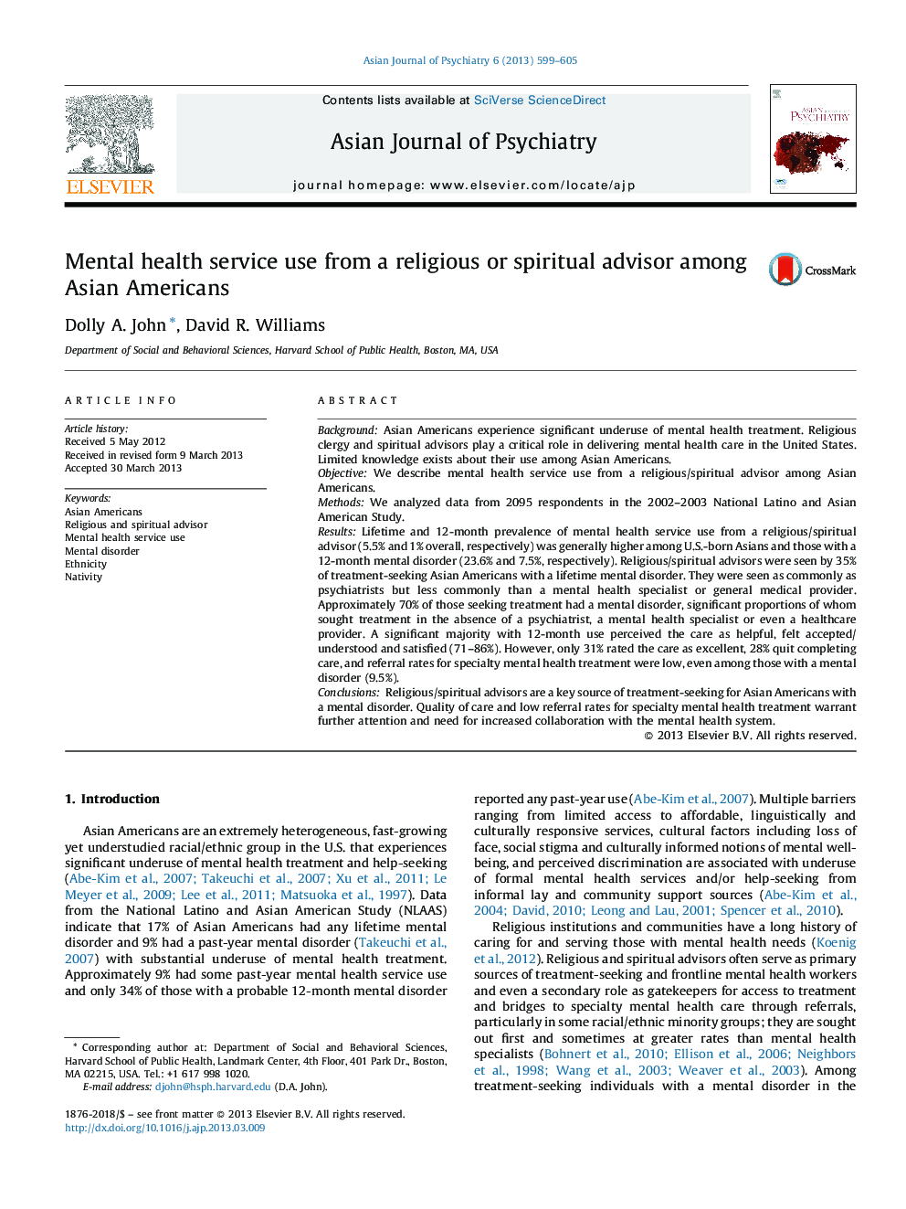 Mental health service use from a religious or spiritual advisor among Asian Americans