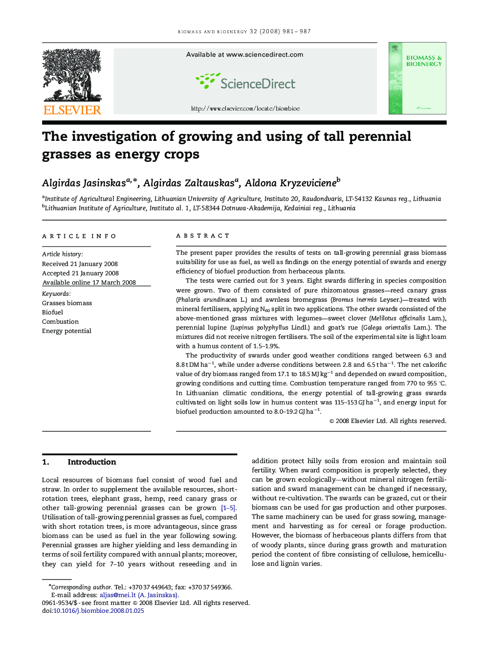 The investigation of growing and using of tall perennial grasses as energy crops