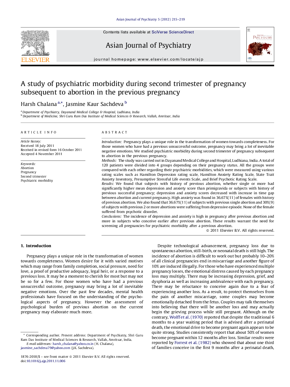 A study of psychiatric morbidity during second trimester of pregnancy subsequent to abortion in the previous pregnancy