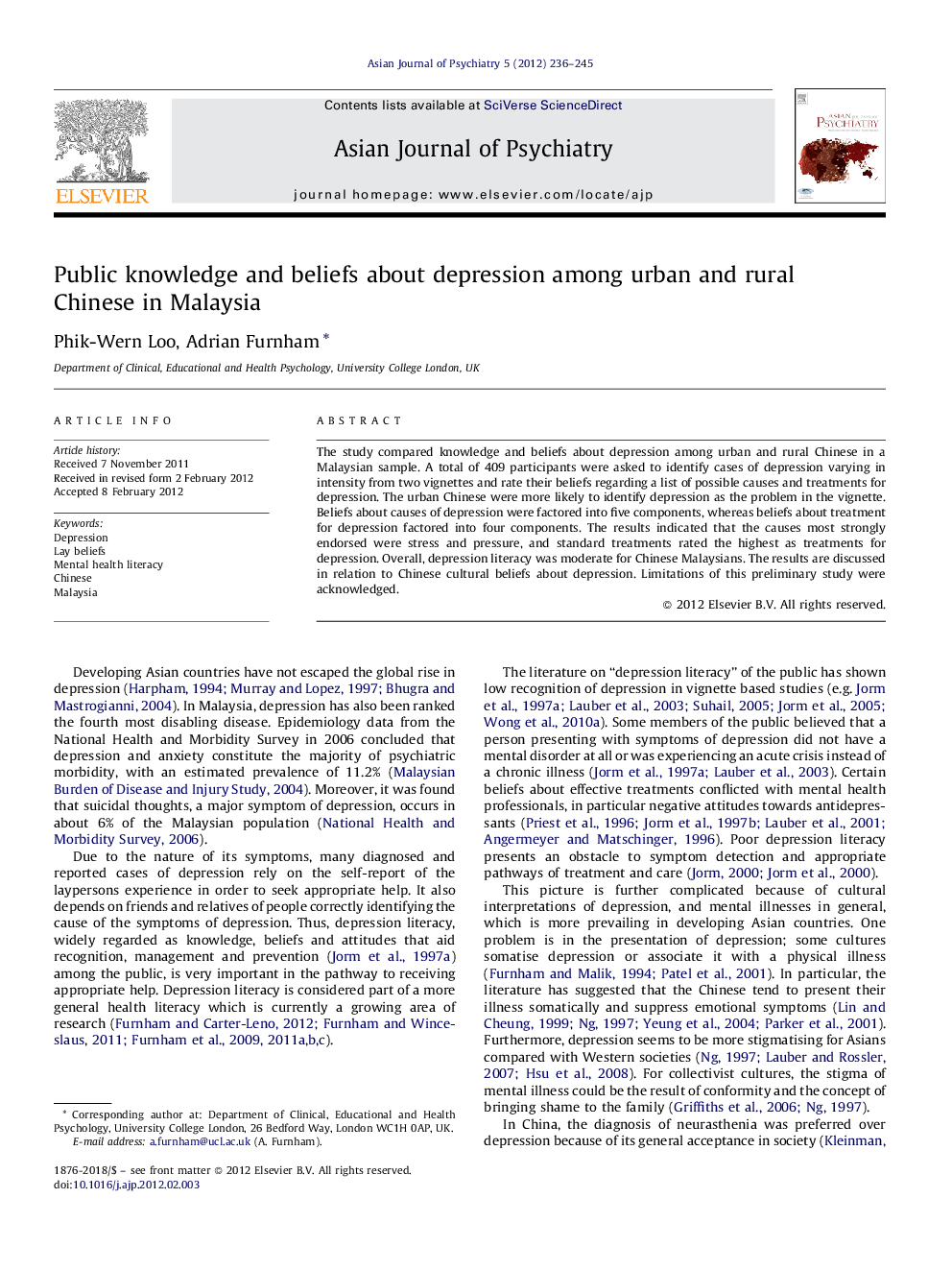 Public knowledge and beliefs about depression among urban and rural Chinese in Malaysia