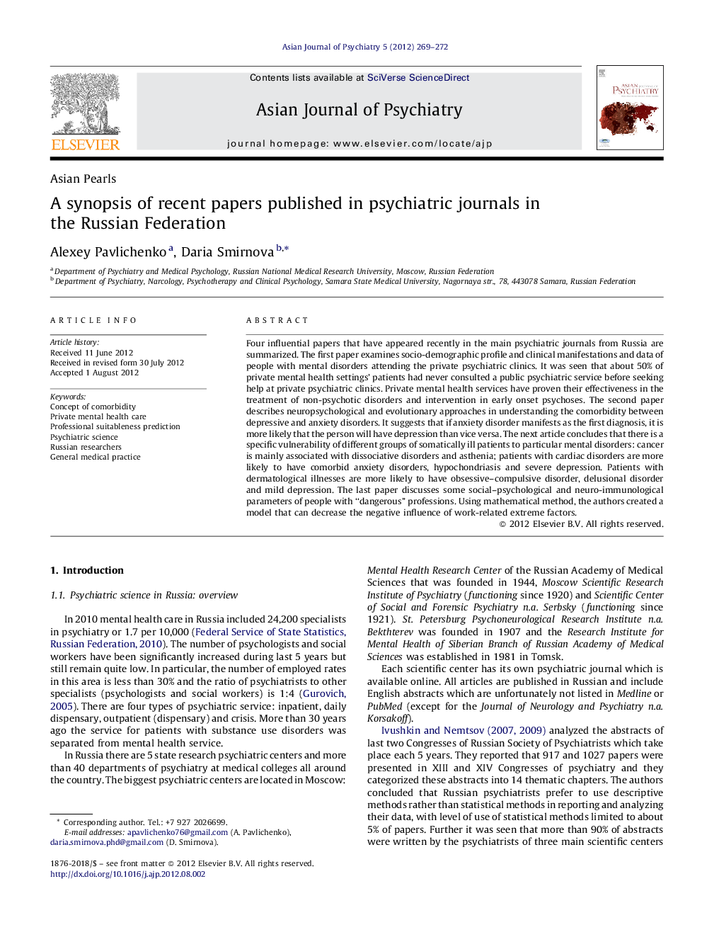 A synopsis of recent papers published in psychiatric journals in the Russian Federation