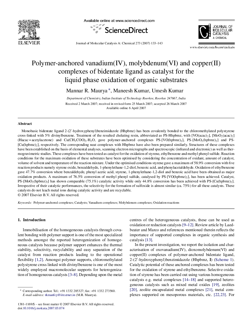 Polymer-anchored vanadium(IV), molybdenum(VI) and copper(II) complexes of bidentate ligand as catalyst for the liquid phase oxidation of organic substrates