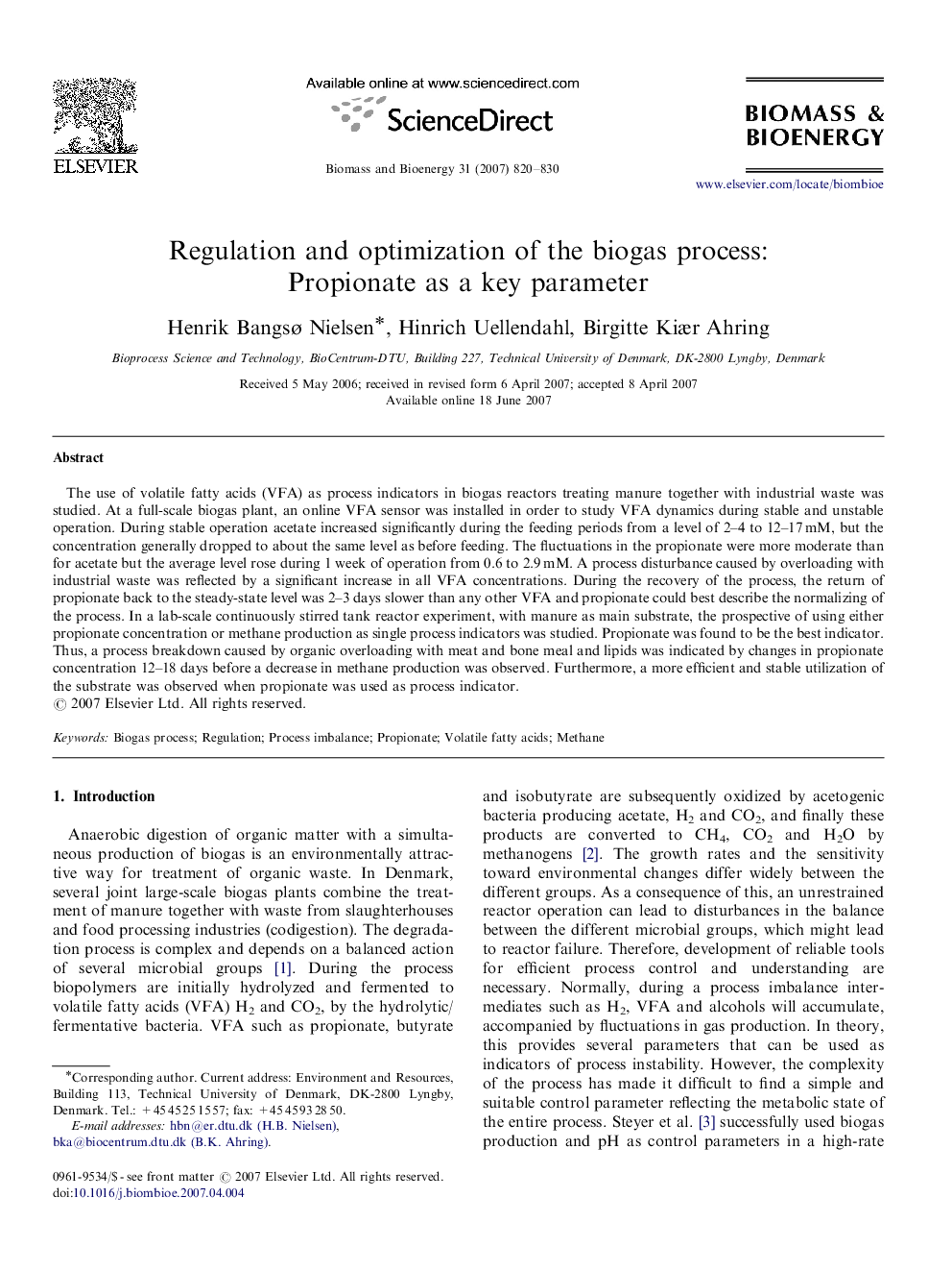 Regulation and optimization of the biogas process: Propionate as a key parameter