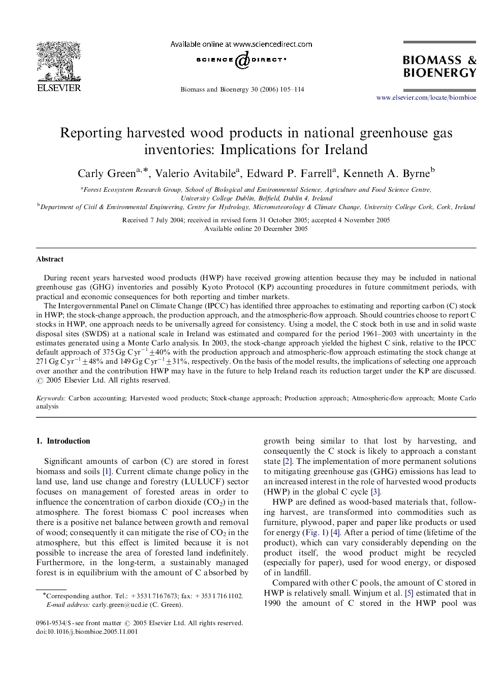 Reporting harvested wood products in national greenhouse gas inventories: Implications for Ireland