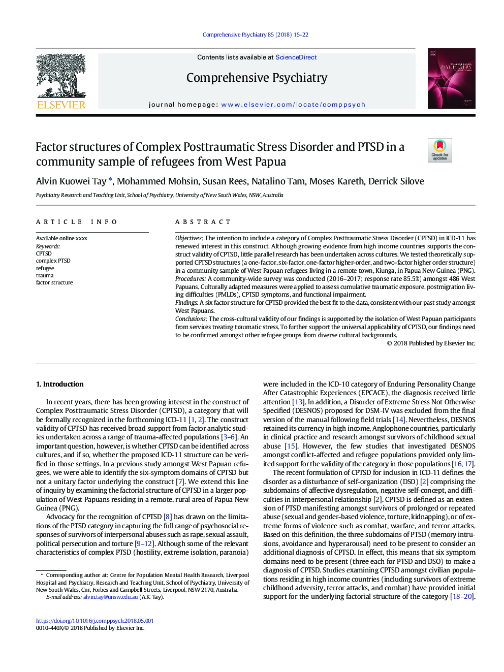 Factor structures of Complex Posttraumatic Stress Disorder and PTSD in a community sample of refugees from West Papua