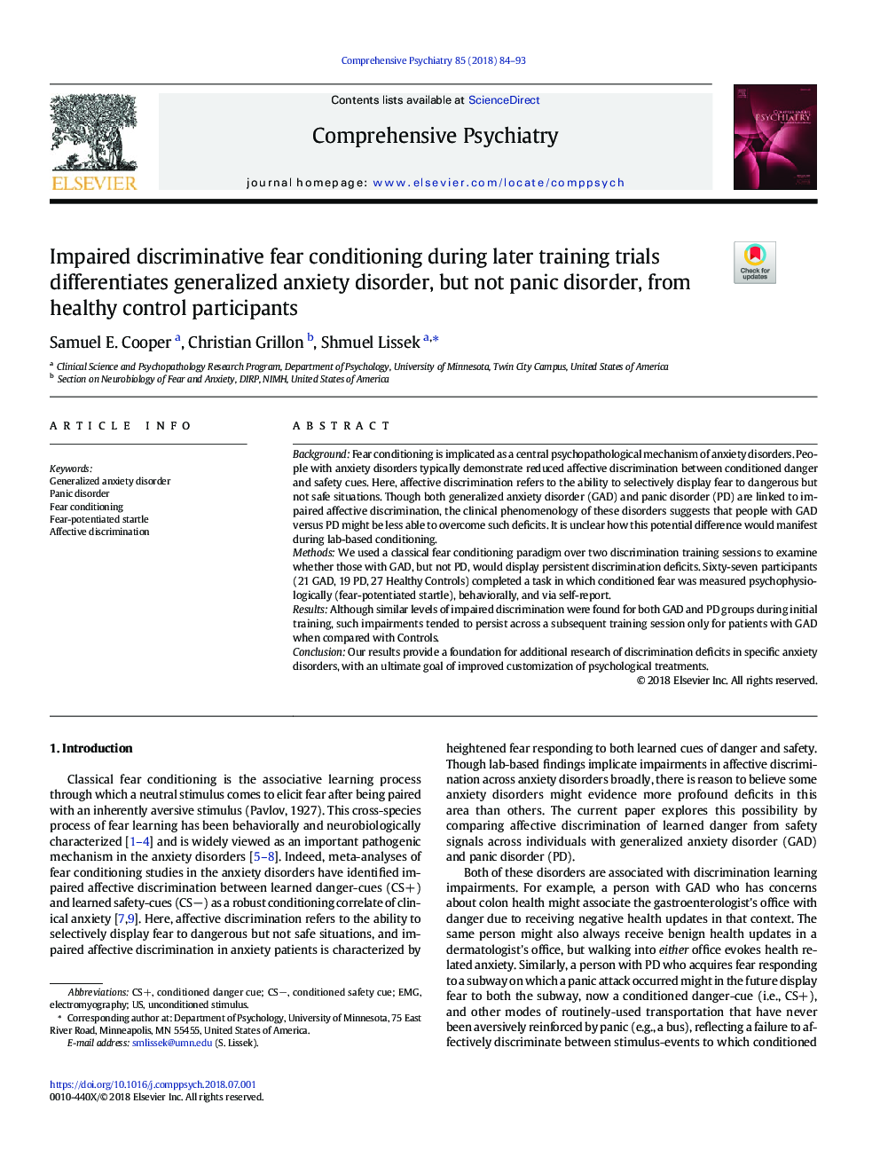 Impaired discriminative fear conditioning during later training trials differentiates generalized anxiety disorder, but not panic disorder, from healthy control participants