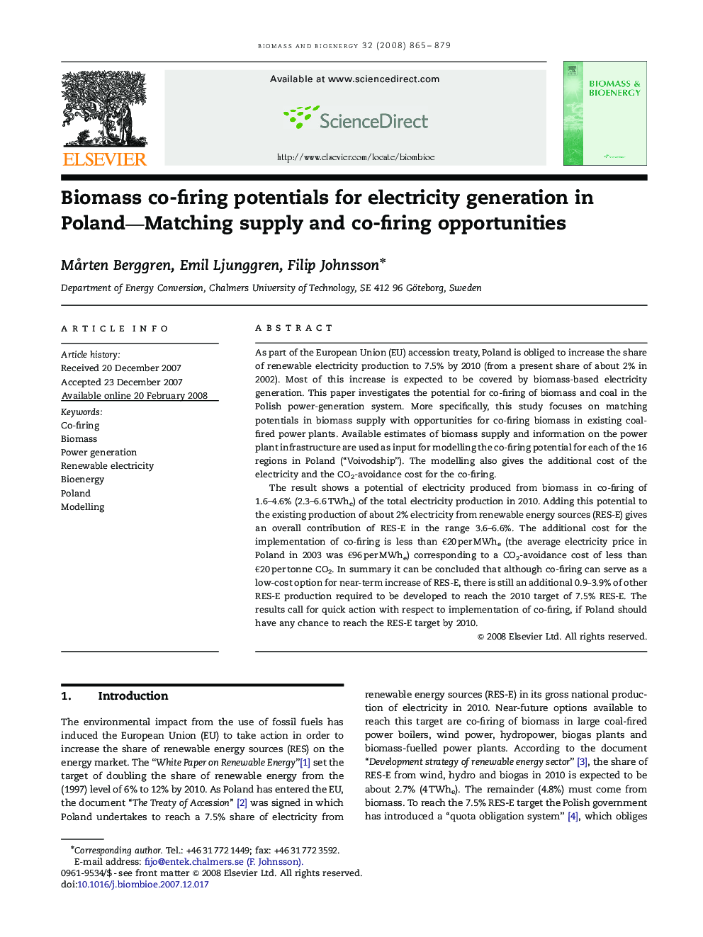 Biomass co-firing potentials for electricity generation in Poland—Matching supply and co-firing opportunities