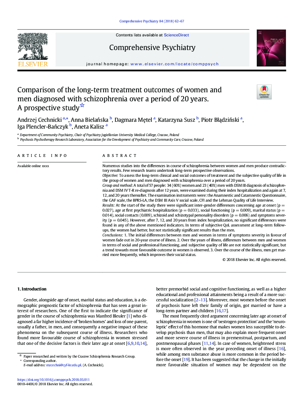 Comparison of the long-term treatment outcomes of women and men diagnosed with schizophrenia over a period of 20â¯years. A prospective study