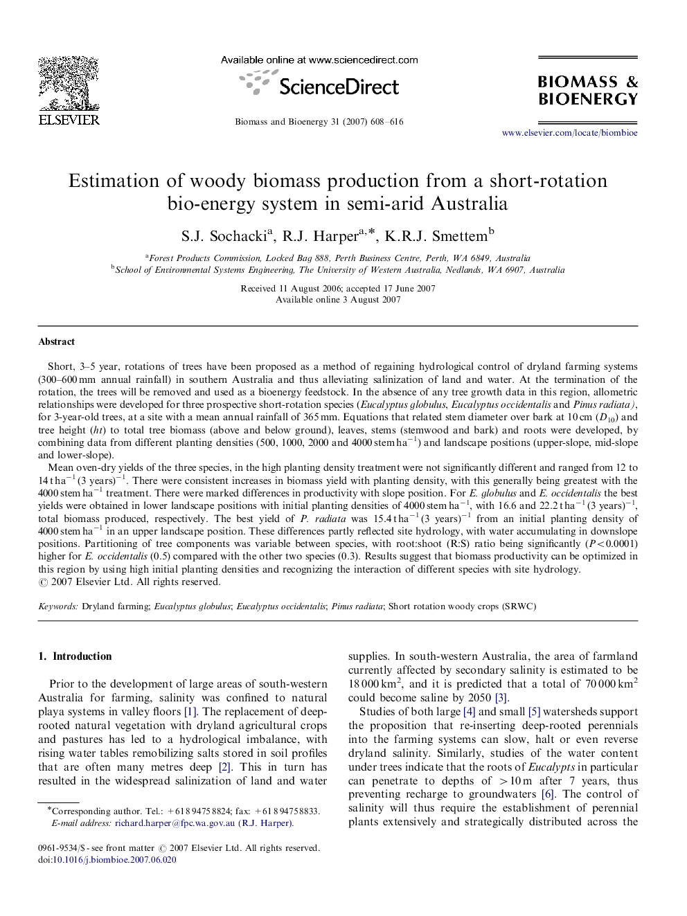 Estimation of woody biomass production from a short-rotation bio-energy system in semi-arid Australia