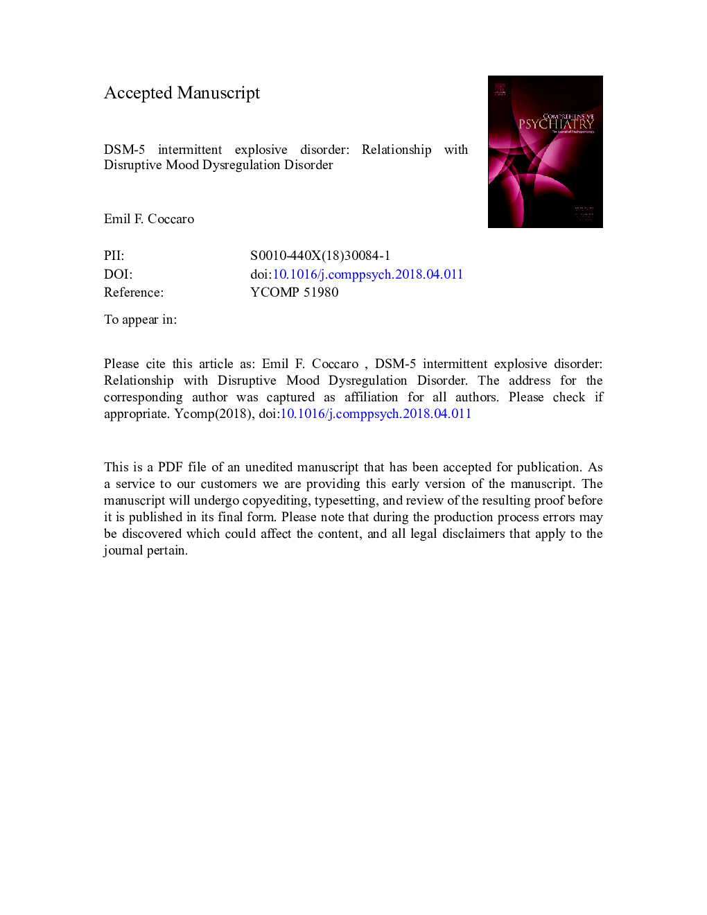 DSM-5 intermittent explosive disorder: Relationship with Disruptive Mood Dysregulation Disorder