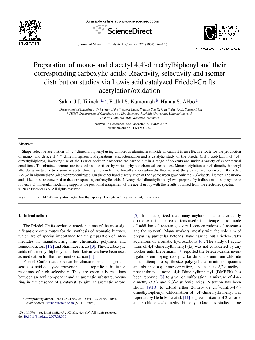 Preparation of mono- and diacetyl 4,4′-dimethylbiphenyl and their corresponding carboxylic acids: Reactivity, selectivity and isomer distribution studies via Lewis acid catalyzed Friedel-Crafts acetylation/oxidation