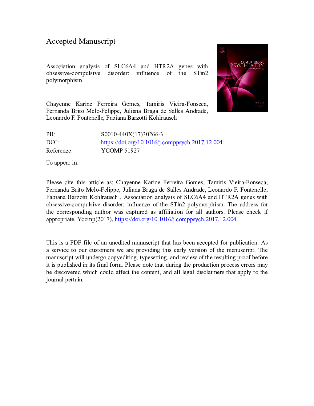 Association analysis of SLC6A4 and HTR2A genes with obsessive-compulsive disorder: Influence of the STin2 polymorphism