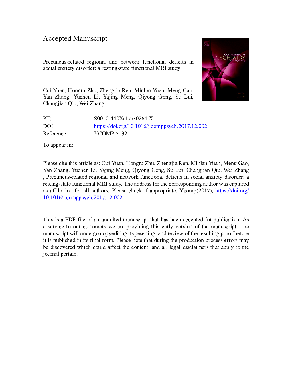 Precuneus-related regional and network functional deficits in social anxiety disorder: A resting-state functional MRI study