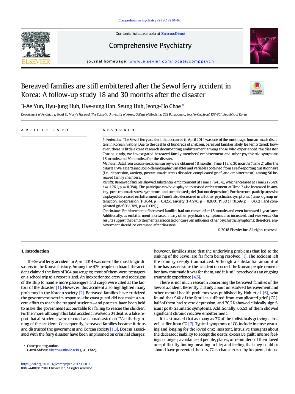 Bereaved families are still embittered after the Sewol ferry accident in Korea: A follow-up study 18 and 30Â months after the disaster