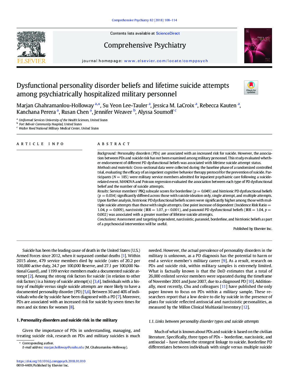 Dysfunctional personality disorder beliefs and lifetime suicide attempts among psychiatrically hospitalized military personnel