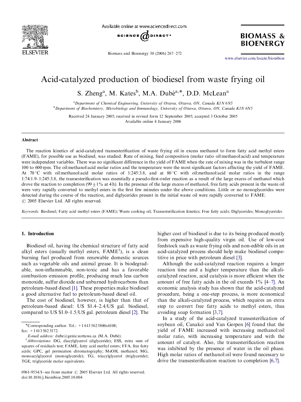 Acid-catalyzed production of biodiesel from waste frying oil