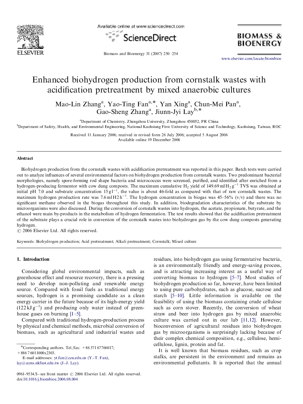 Enhanced biohydrogen production from cornstalk wastes with acidification pretreatment by mixed anaerobic cultures