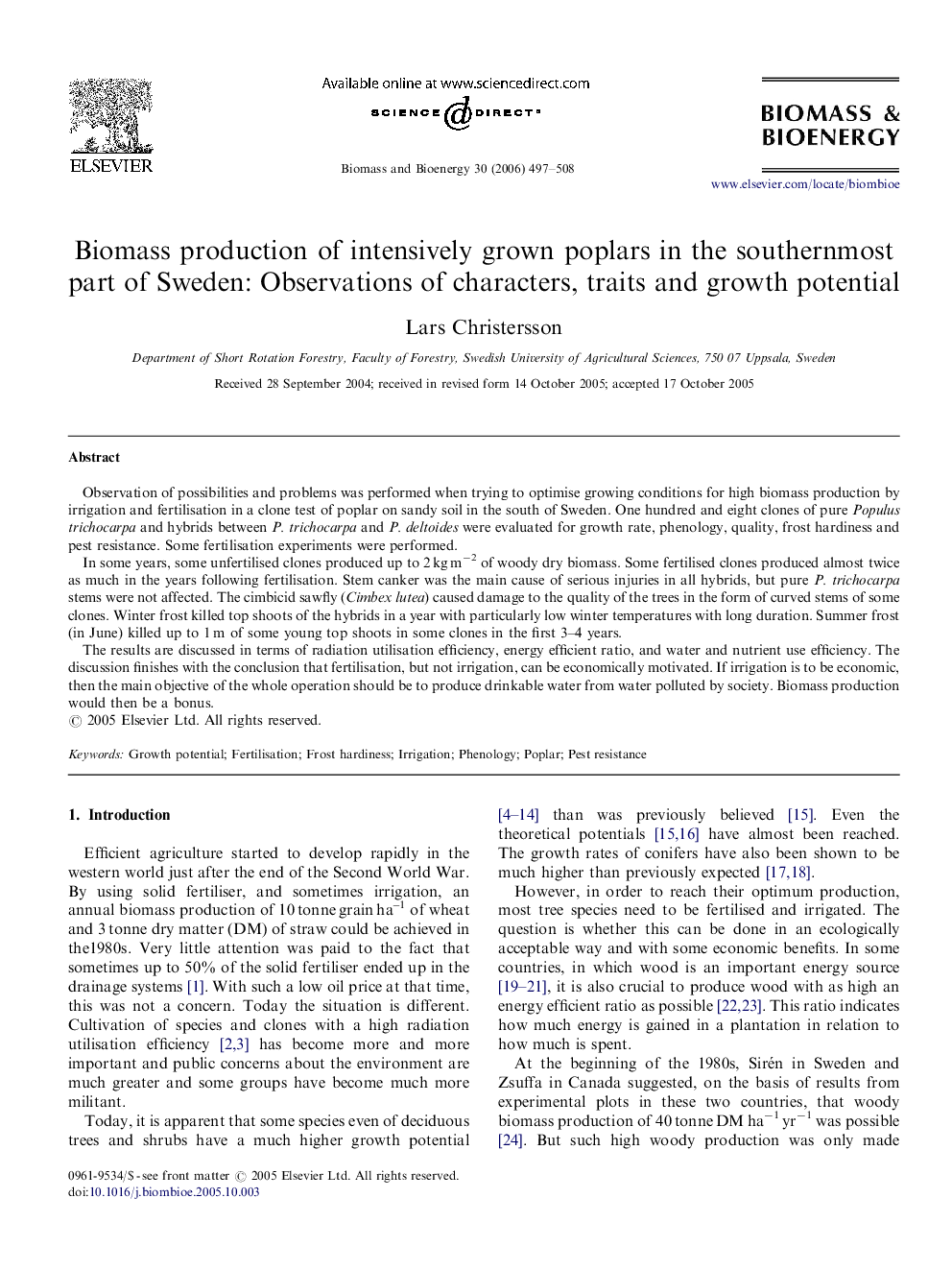 Biomass production of intensively grown poplars in the southernmost part of Sweden: Observations of characters, traits and growth potential