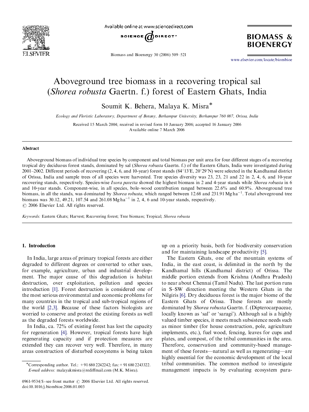 Aboveground tree biomass in a recovering tropical sal (Shorea robusta Gaertn. f.) forest of Eastern Ghats, India