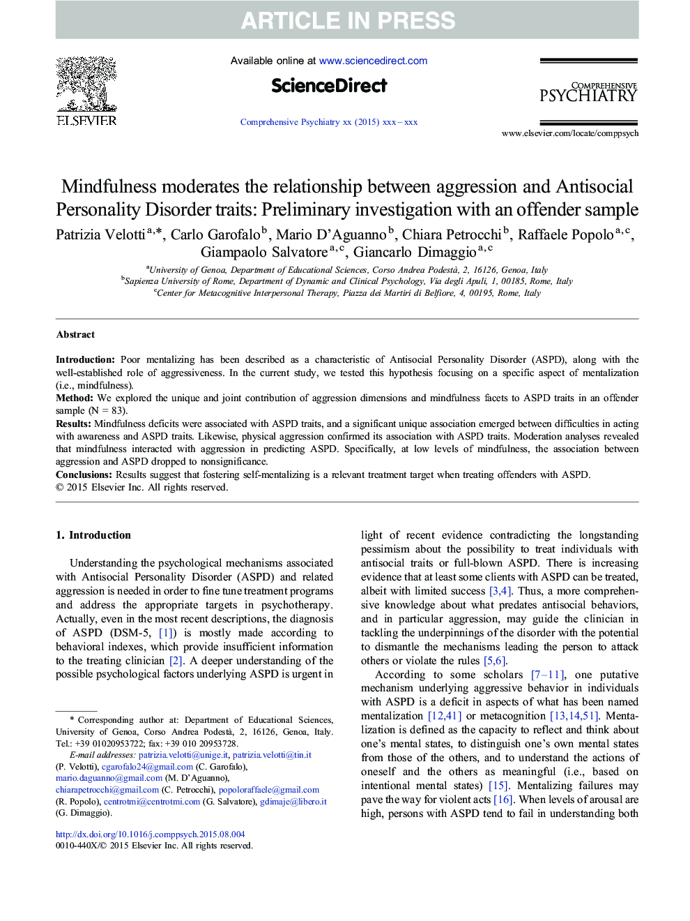 Mindfulness moderates the relationship between aggression and Antisocial Personality Disorder traits: Preliminary investigation with an offender sample