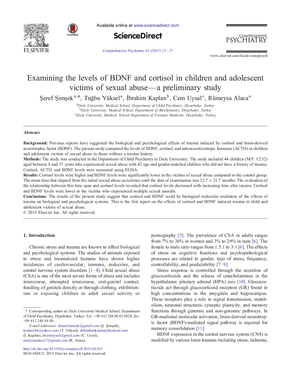 Examining the levels of BDNF and cortisol in children and adolescent victims of sexual abuse-a preliminary study