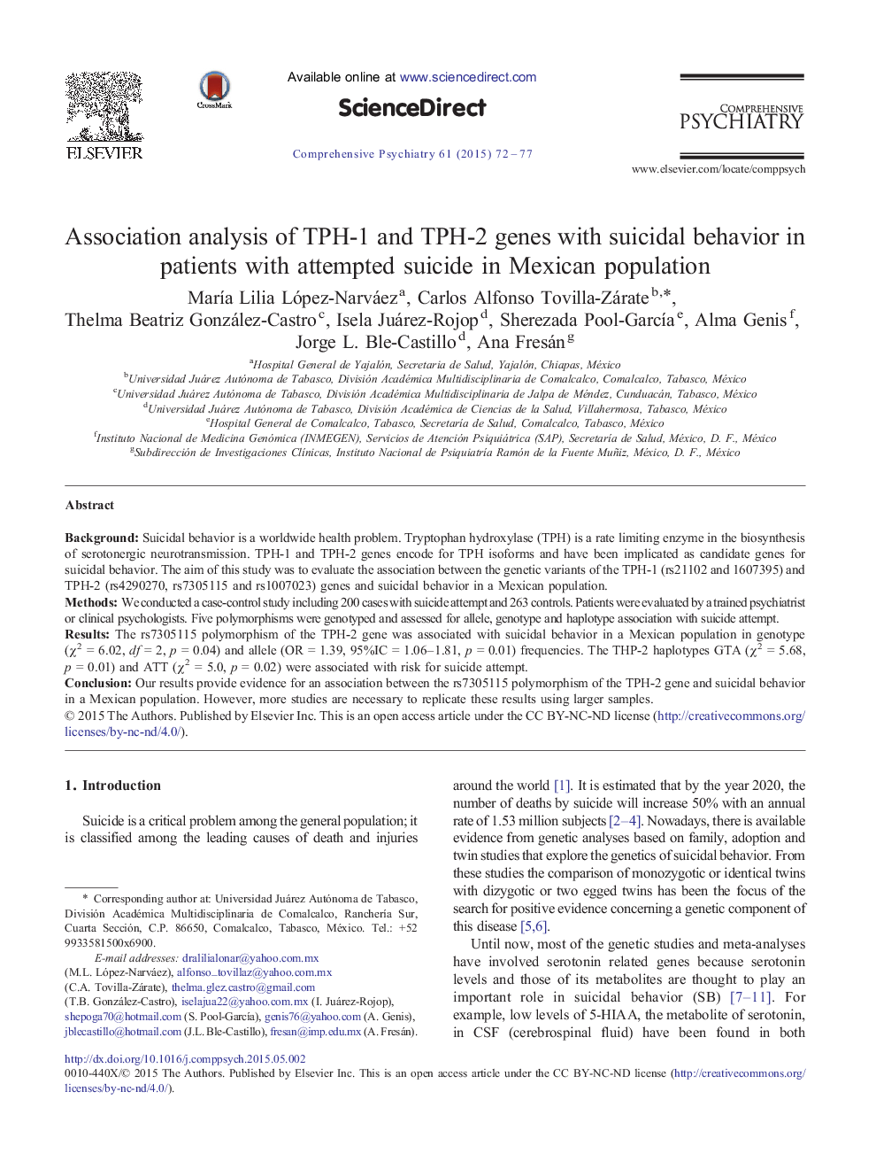 Association analysis of TPH-1 and TPH-2 genes with suicidal behavior in patients with attempted suicide in Mexican population