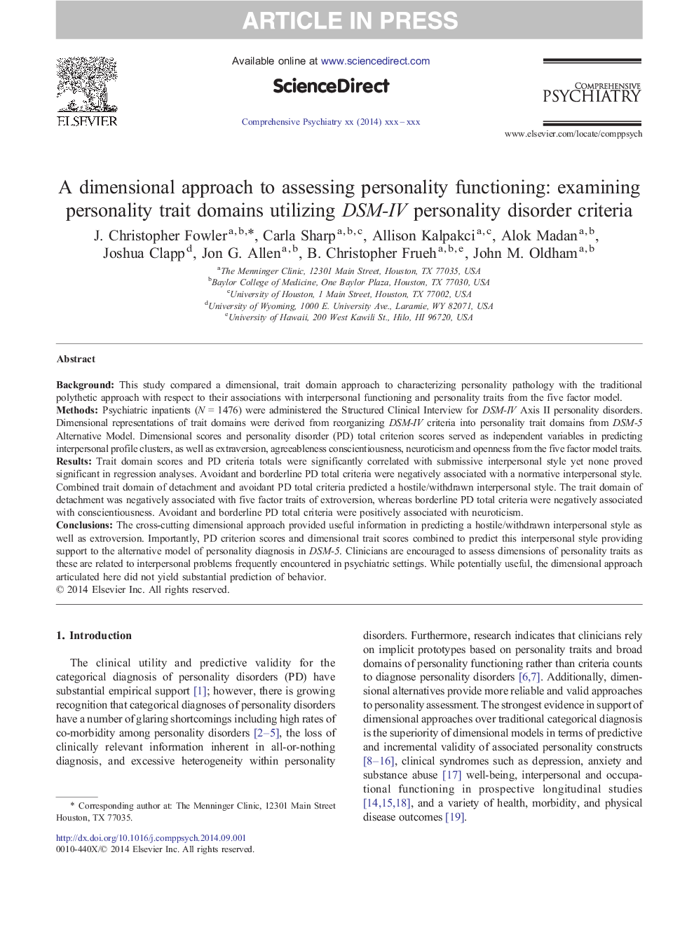 A dimensional approach to assessing personality functioning: examining personality trait domains utilizing DSM-IV personality disorder criteria
