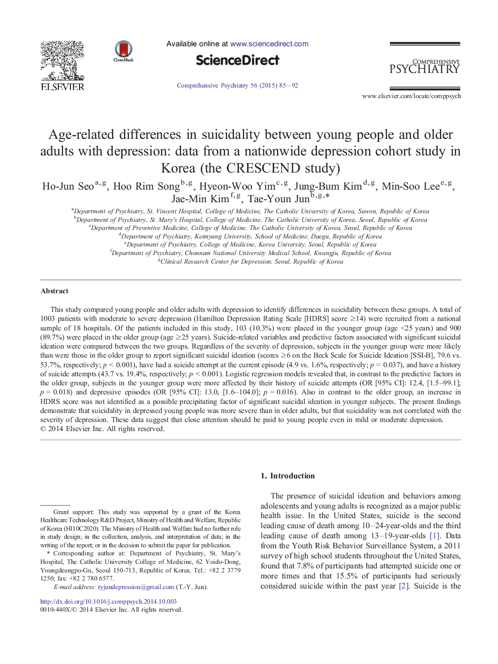 Age-related differences in suicidality between young people and older adults with depression: data from a nationwide depression cohort study in Korea (the CRESCEND study)