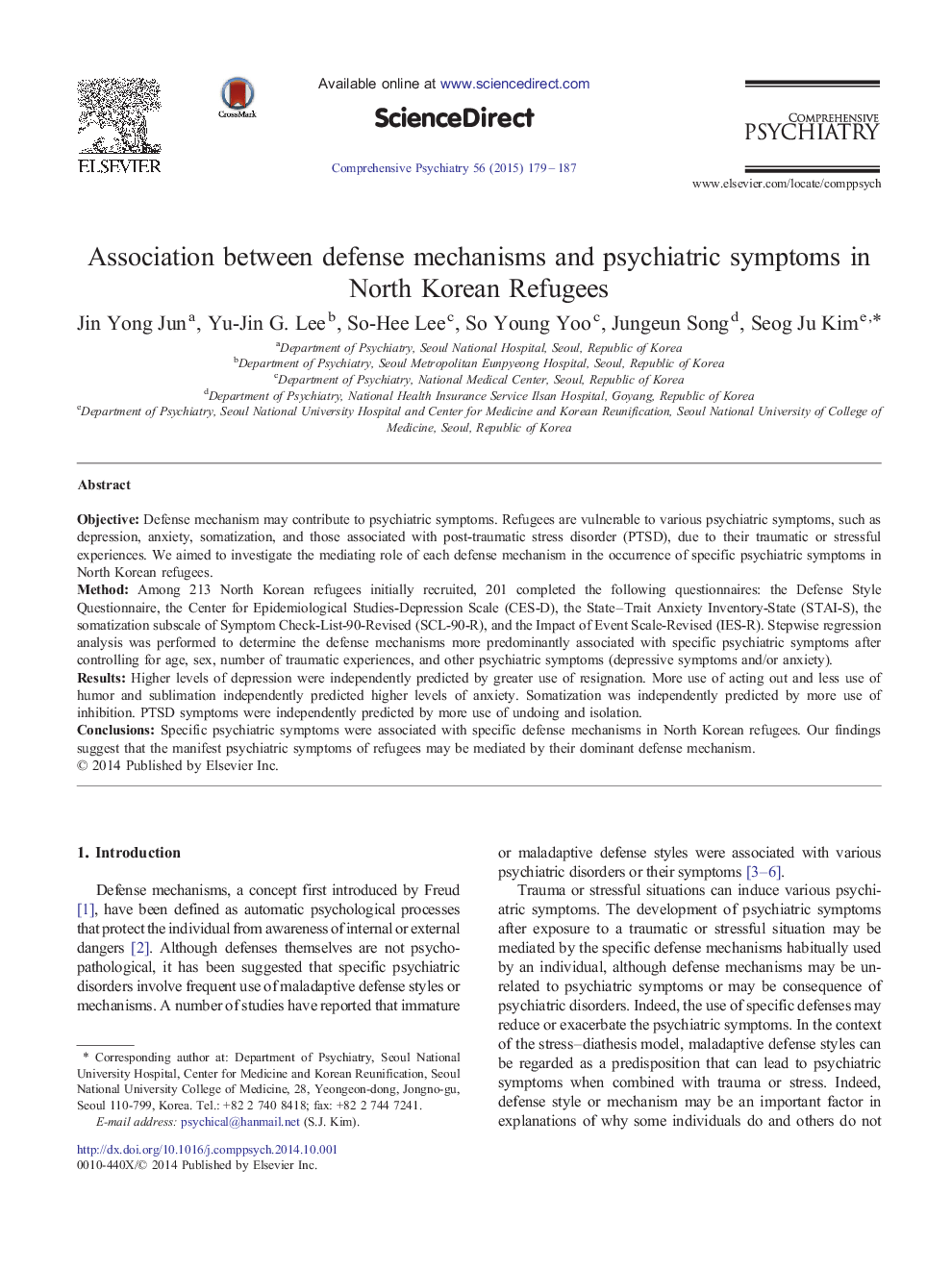 Association between defense mechanisms and psychiatric symptoms in North Korean Refugees