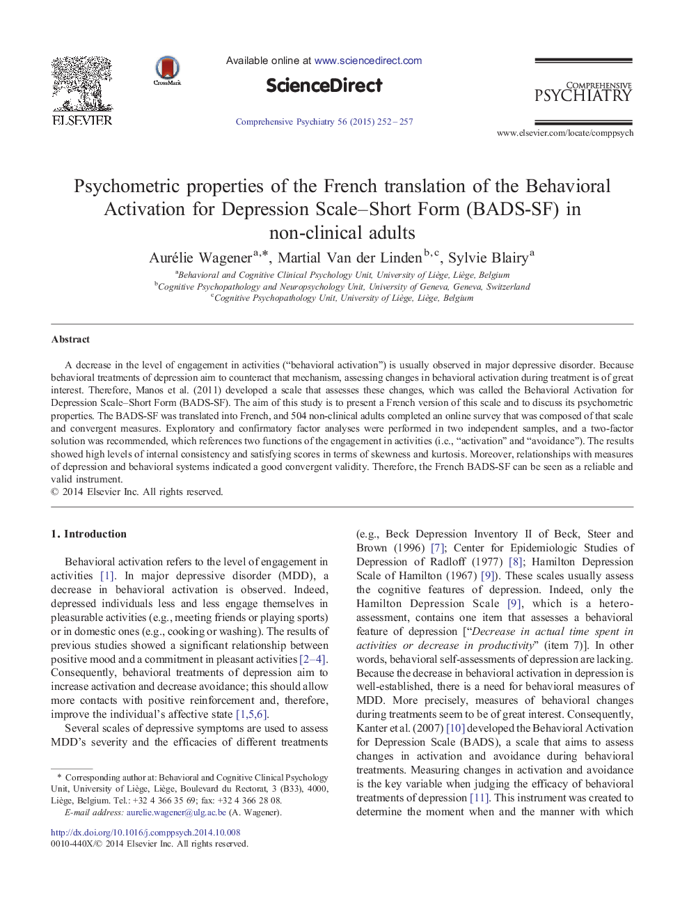 Psychometric properties of the French translation of the Behavioral Activation for Depression Scale-Short Form (BADS-SF) in non-clinical adults