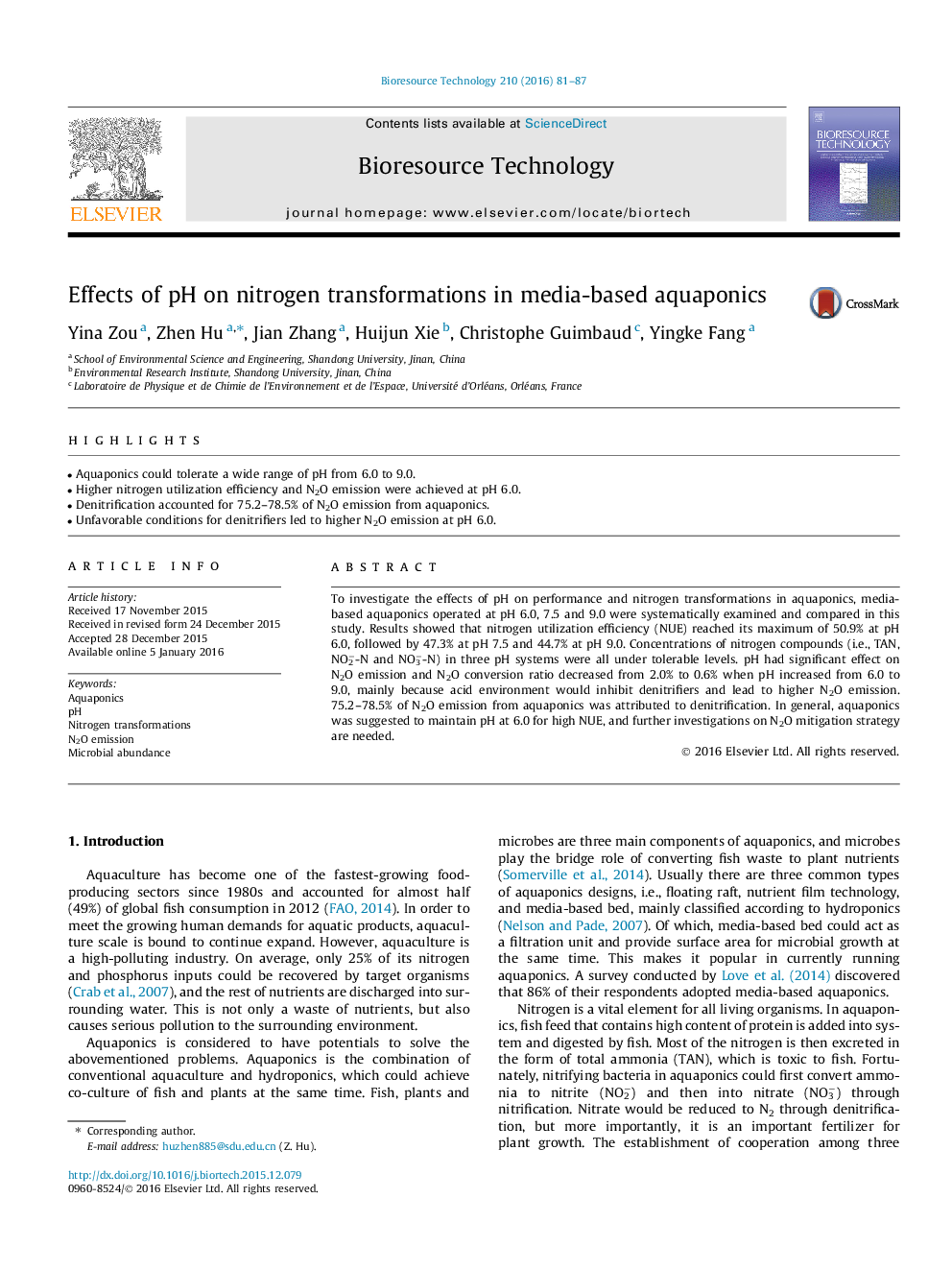 Effects of pH on nitrogen transformations in media-based aquaponics