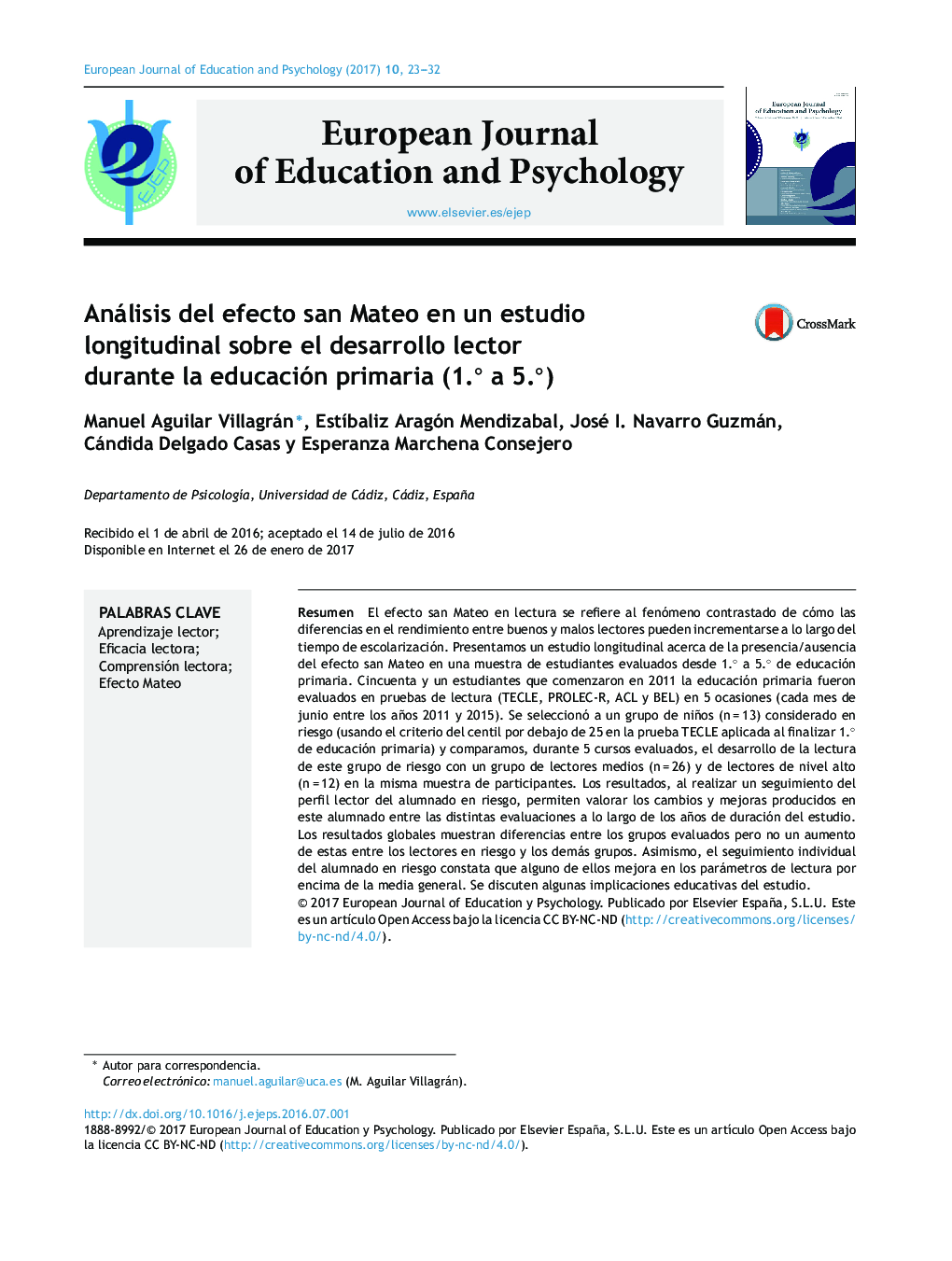 Análisis del efecto san Mateo en un estudio longitudinal sobre el desarrollo lector durante la educación primaria (1.Â° a 5.Â°)