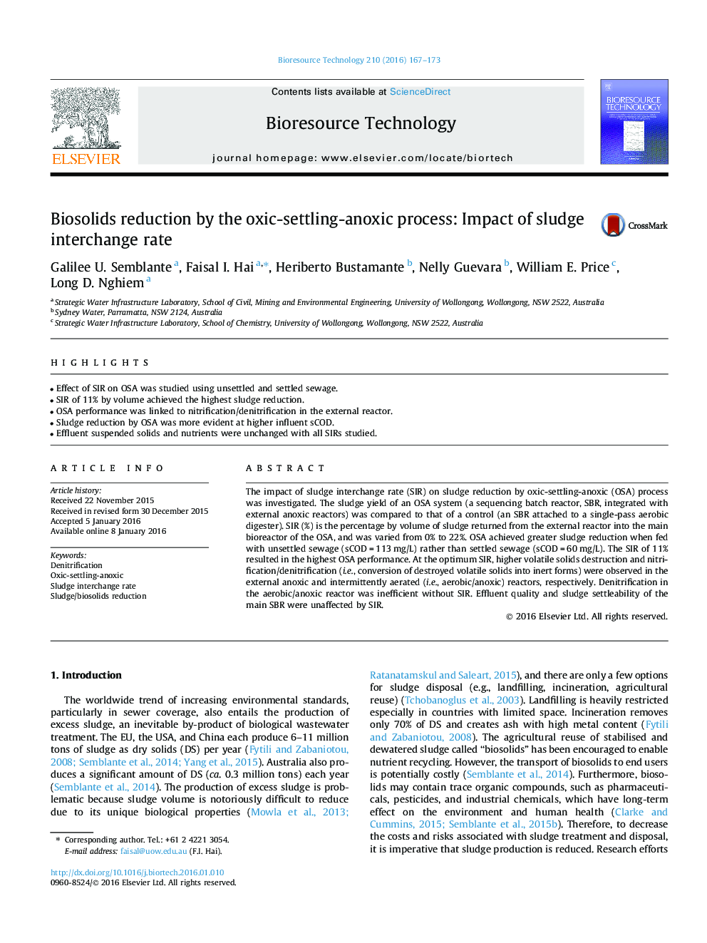 Biosolids reduction by the oxic-settling-anoxic process: Impact of sludge interchange rate