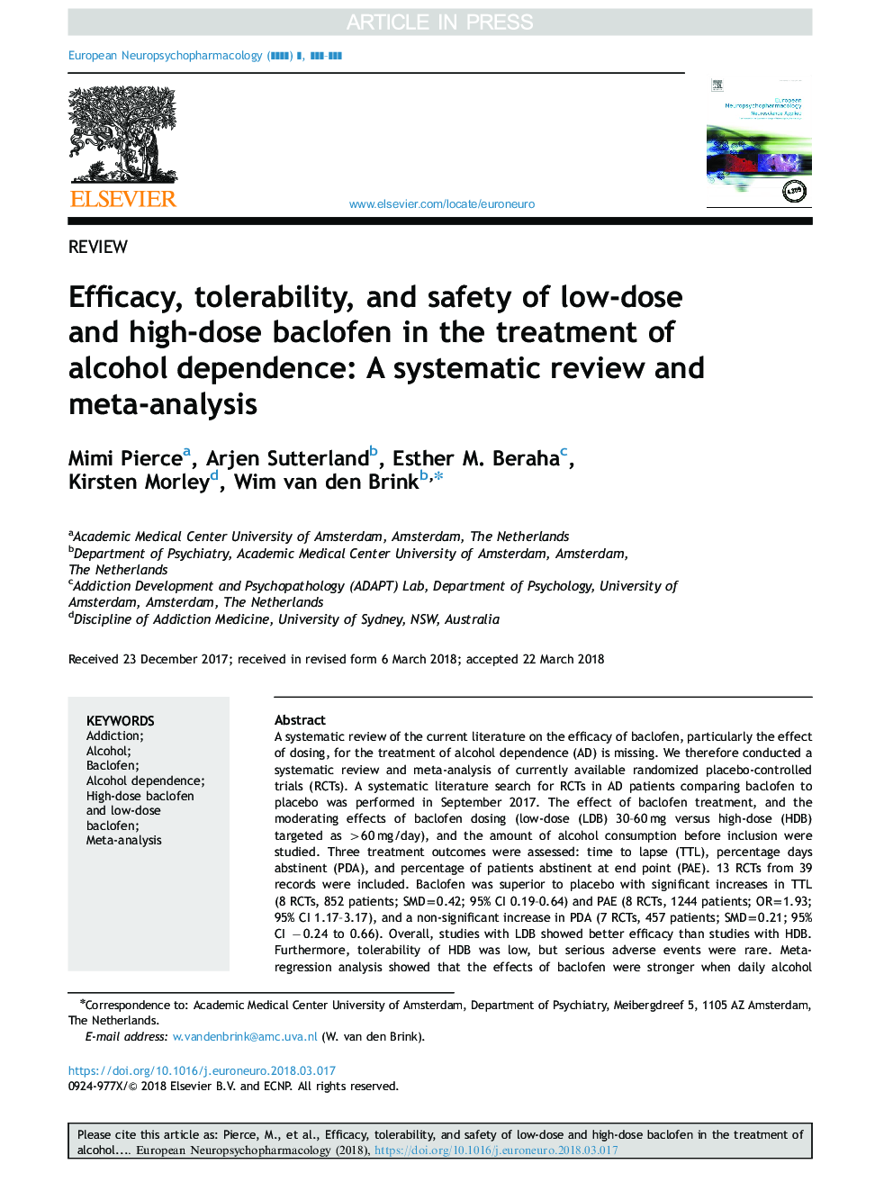 Efficacy, tolerability, and safety of low-dose and high-dose baclofen in the treatment of alcohol dependence: A systematic review and meta-analysis