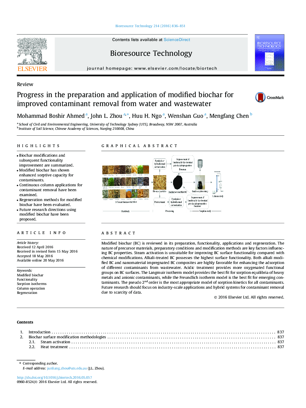 Progress in the preparation and application of modified biochar for improved contaminant removal from water and wastewater