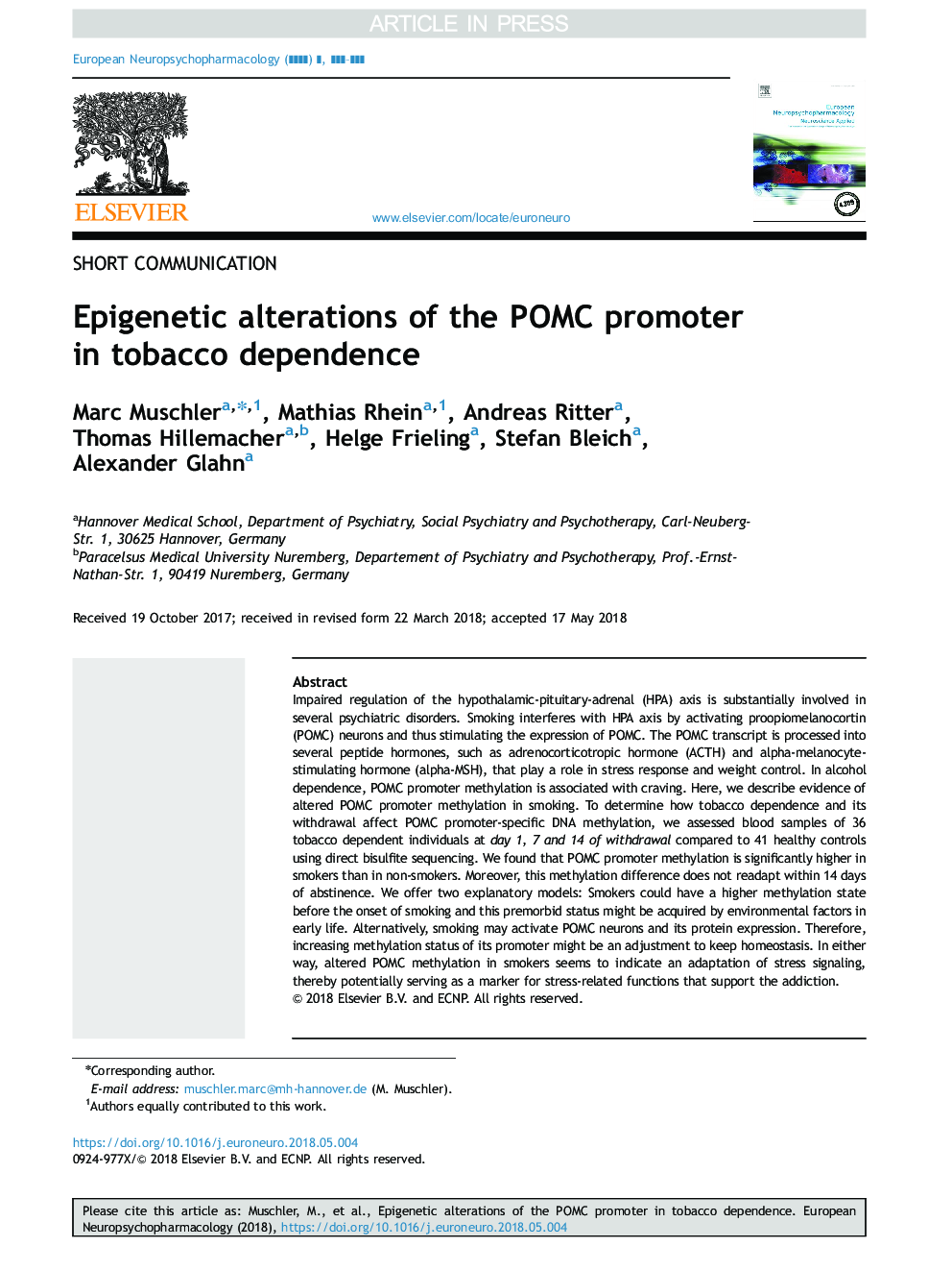 Epigenetic alterations of the POMC promoter in tobacco dependence
