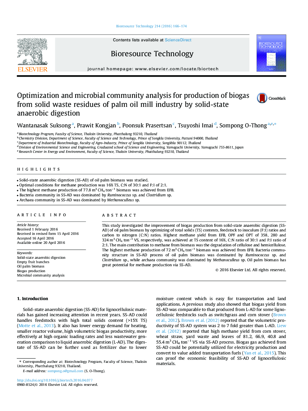 Optimization and microbial community analysis for production of biogas from solid waste residues of palm oil mill industry by solid-state anaerobic digestion