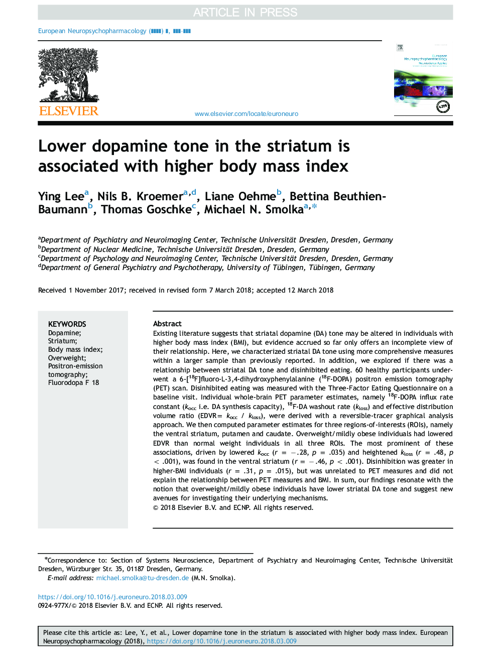 Lower dopamine tone in the striatum is associated with higher body mass index