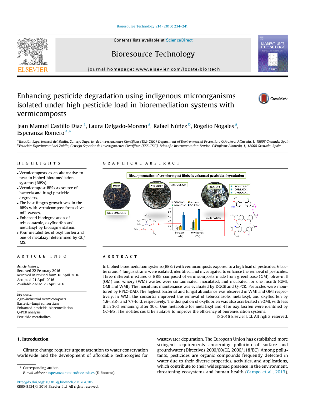 Enhancing pesticide degradation using indigenous microorganisms isolated under high pesticide load in bioremediation systems with vermicomposts