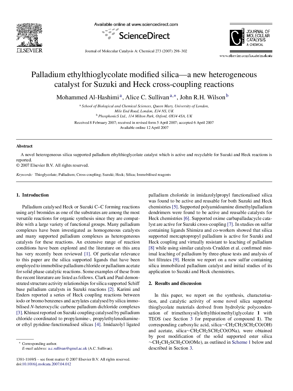 Palladium ethylthioglycolate modified silica—a new heterogeneous catalyst for Suzuki and Heck cross-coupling reactions