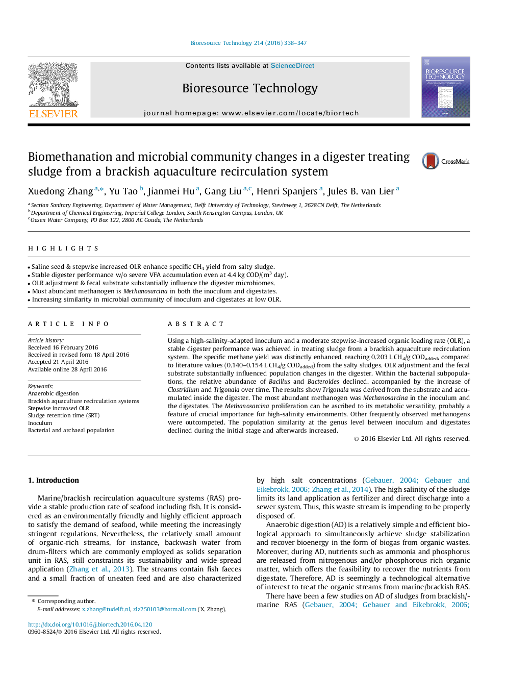 Biomethanation and microbial community changes in a digester treating sludge from a brackish aquaculture recirculation system