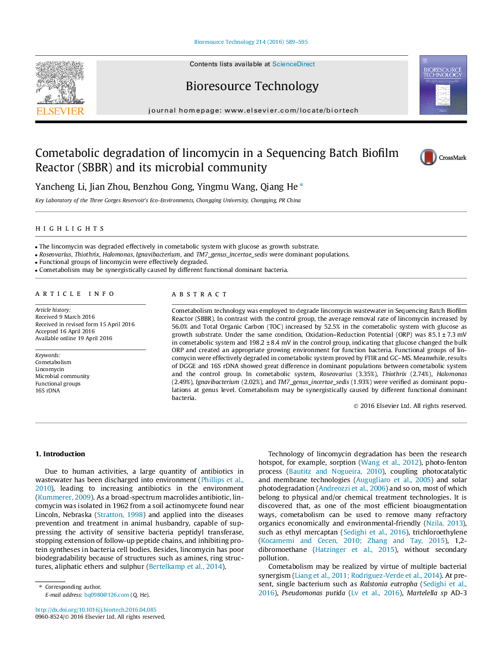 Cometabolic degradation of lincomycin in a Sequencing Batch Biofilm Reactor (SBBR) and its microbial community