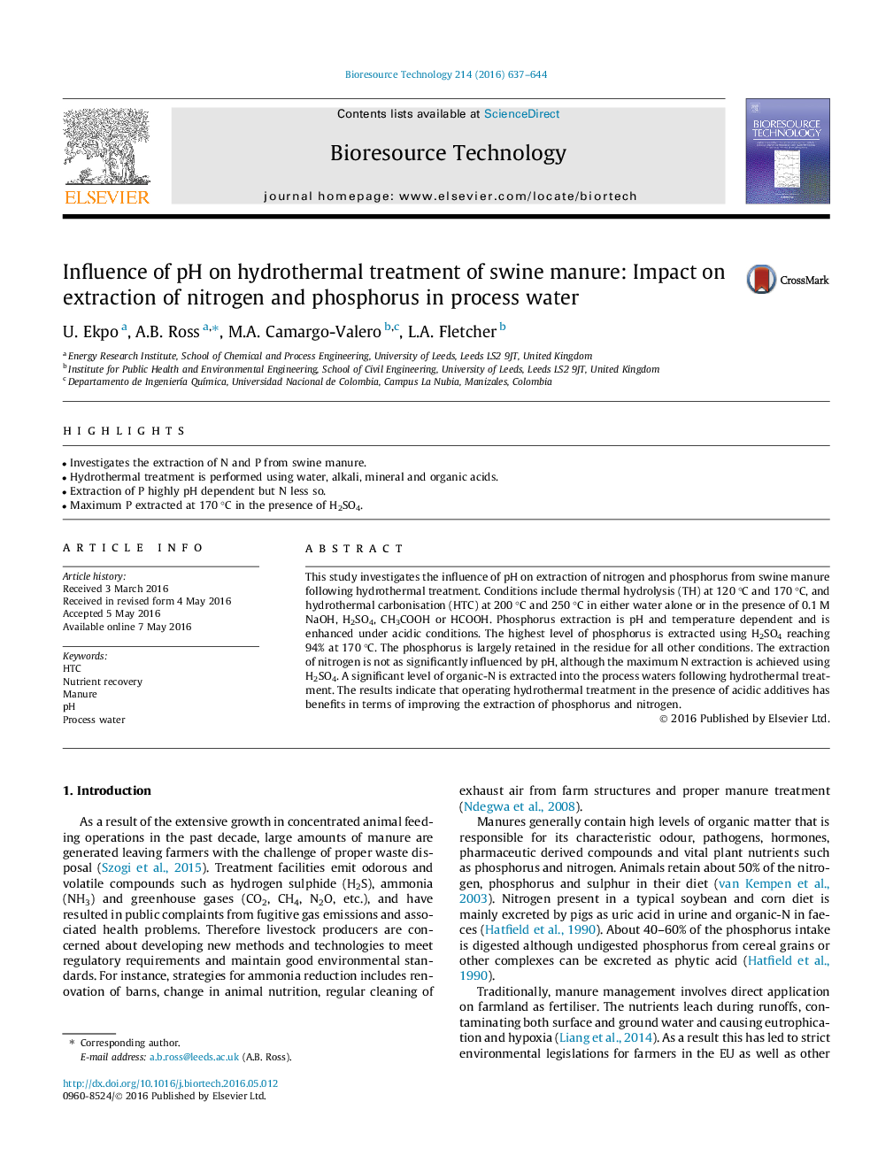 Influence of pH on hydrothermal treatment of swine manure: Impact on extraction of nitrogen and phosphorus in process water