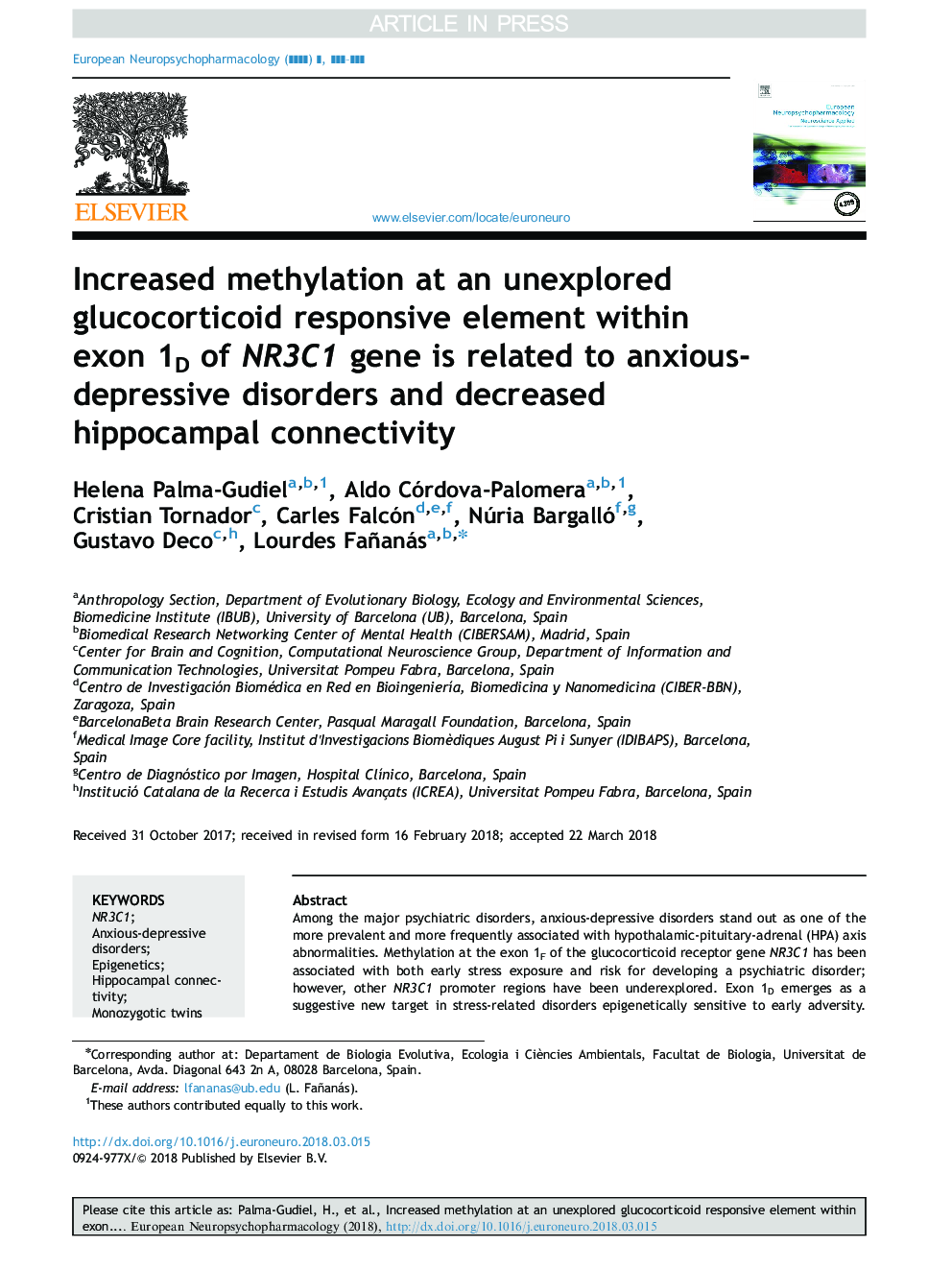 Increased methylation at an unexplored glucocorticoid responsive element within exon 1D of NR3C1 gene is related to anxious-depressive disorders and decreased hippocampal connectivity