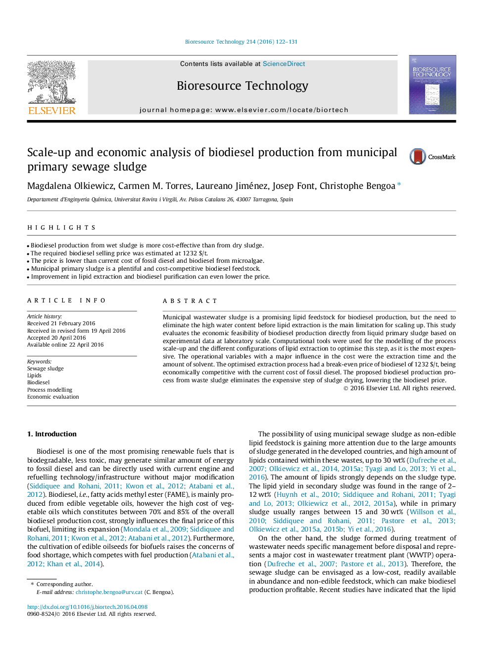 Scale-up and economic analysis of biodiesel production from municipal primary sewage sludge