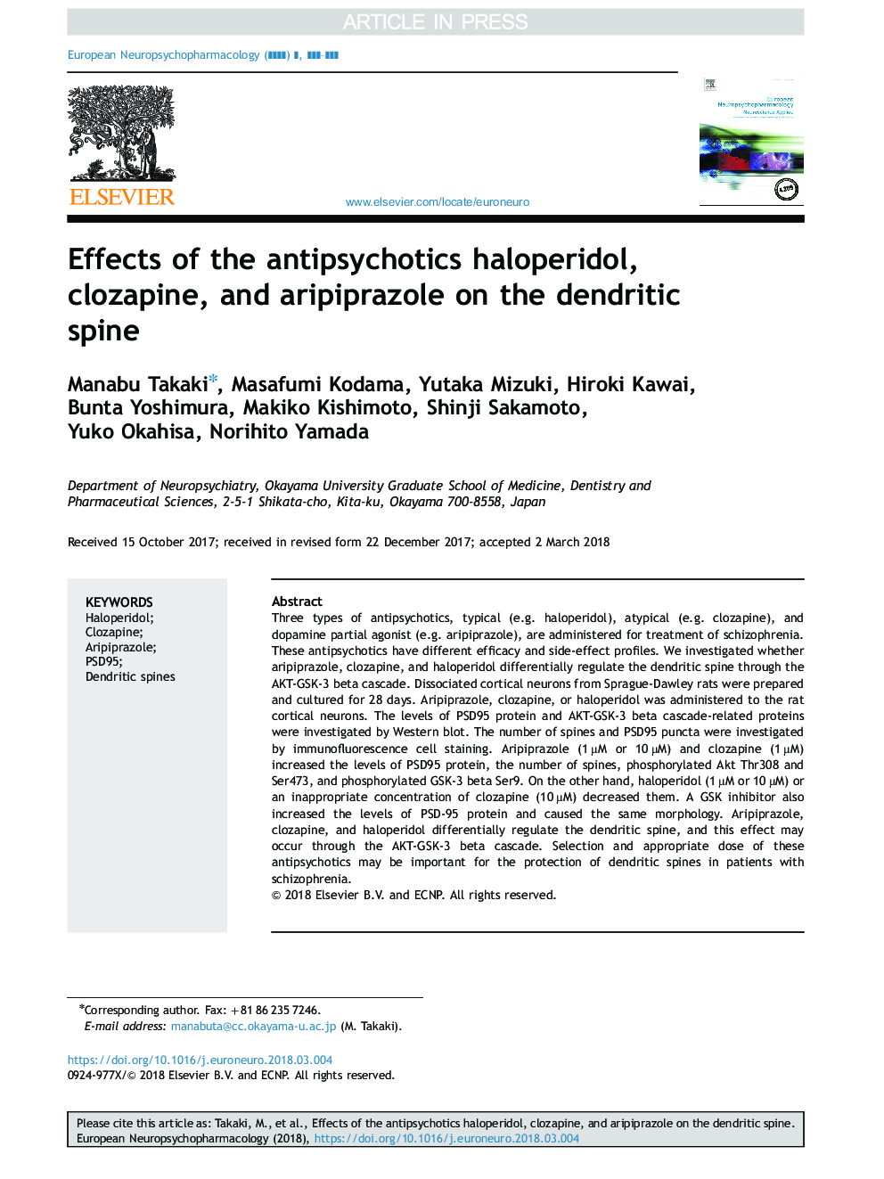 Effects of the antipsychotics haloperidol, clozapine, and aripiprazole on the dendritic spine