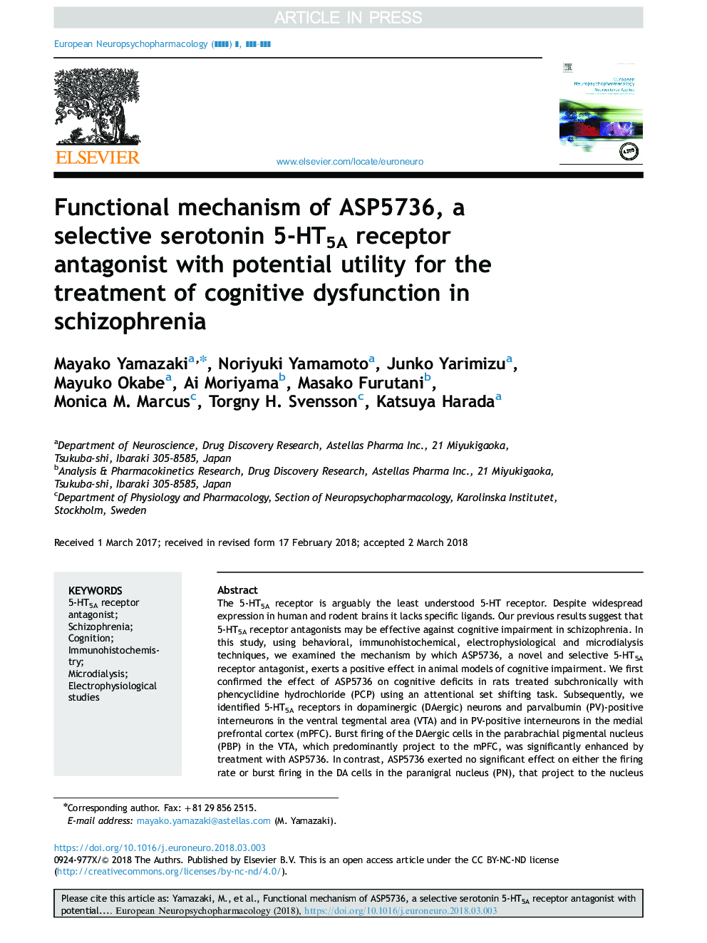 Functional mechanism of ASP5736, a selective serotonin 5-HT5A receptor antagonist with potential utility for the treatment of cognitive dysfunction in schizophrenia