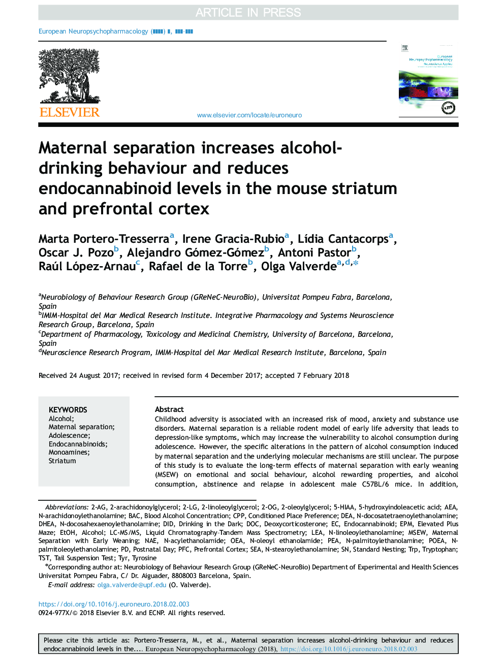 جداسازی مادری باعث افزایش رفتار الکل می شود و سطوح اندو کانابینوئید در موش صحرایی موش و قشر پیش فونتیال را کاهش می دهد 
